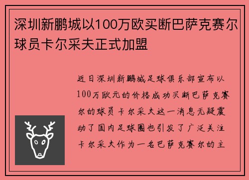 深圳新鹏城以100万欧买断巴萨克赛尔球员卡尔采夫正式加盟